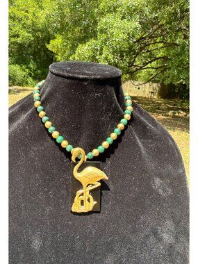 Artisan Handcrafted Green Malachite Solid Brass beads Flamingo Pendant Necklace